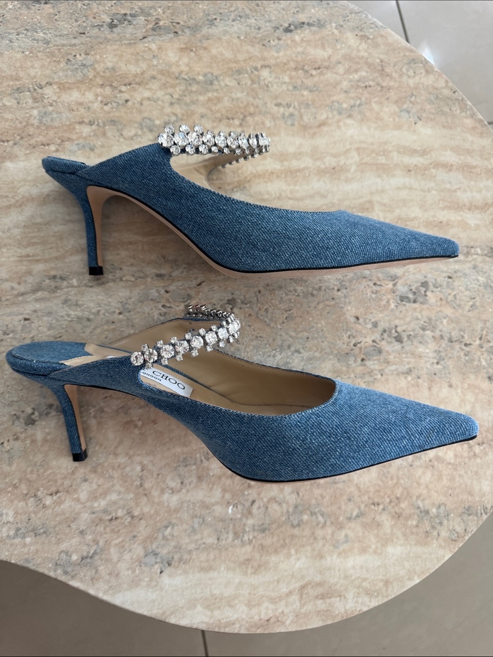 Jimmy Choo Bing 65 Blue Denim Pointed Mules with Crystal Strap - Picture 3 of 4